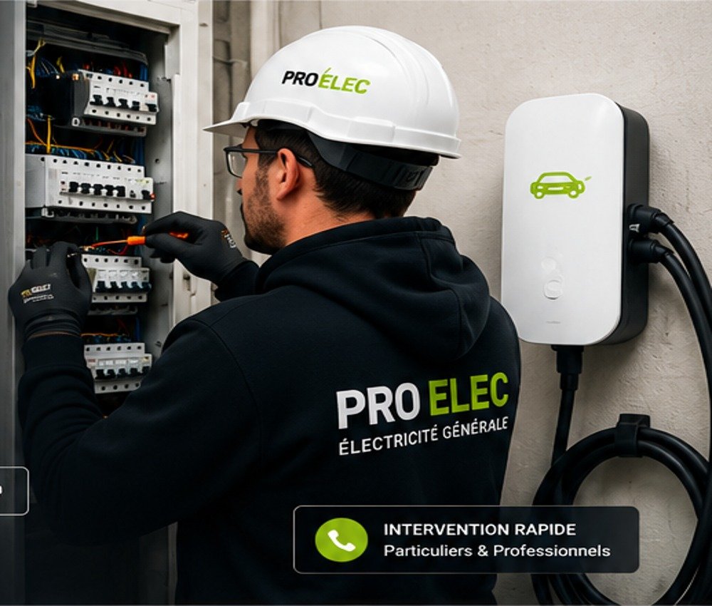 Électricien PRO ELEC intervenant sur un tableau électrique à proximité d’une borne de recharge